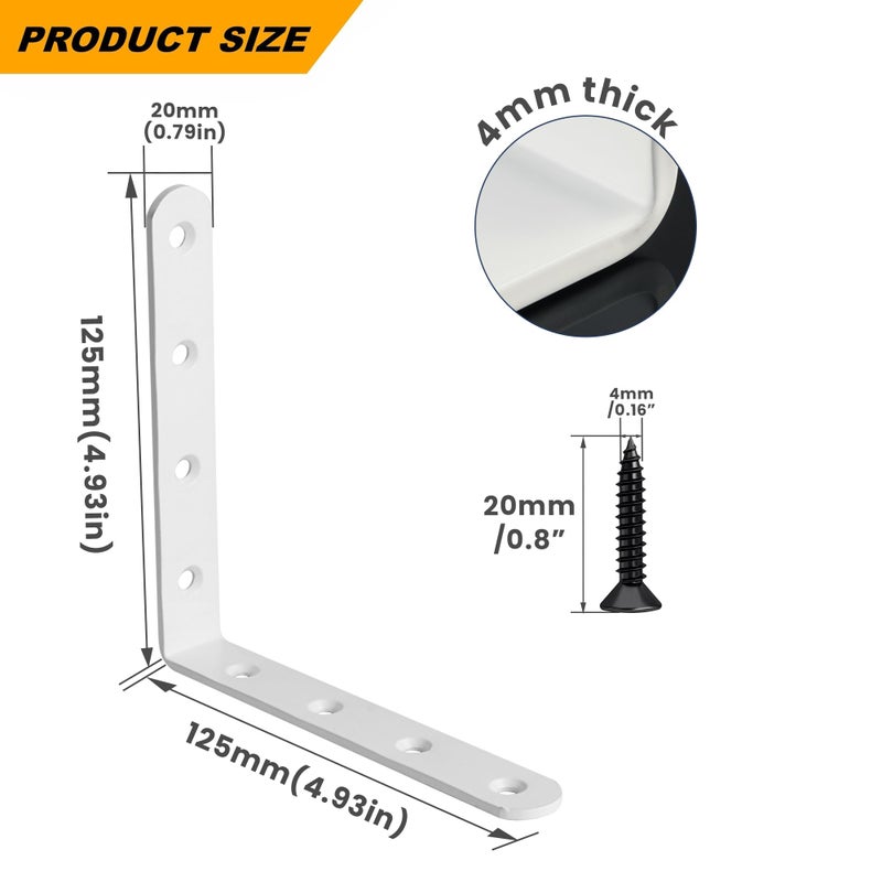 Alise 4 PCS L Brackets Heavy Duty Corner Bracket, 5 X5 Inch White Floating Shelf Brackets for Shelves, Stainless Steel L Shape Wall Mounting Brackets, Metal L Joint Angle Bracket for Wood Shelving - Image 2